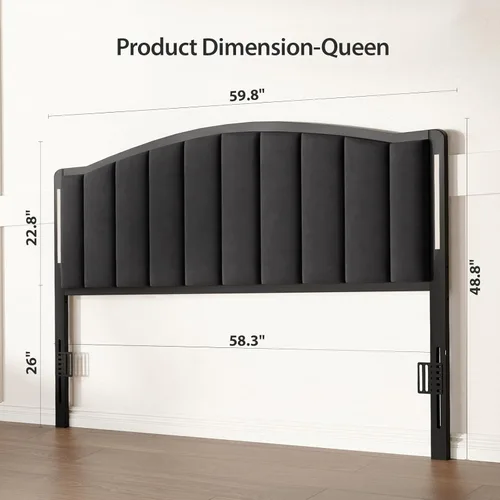 Miniatura 2 de Cabecera para cama tamaño Queen con luces LED, cabecera tapizada de canal vertical acolchonado, solo cabecero de terciopelo, marco de fijación