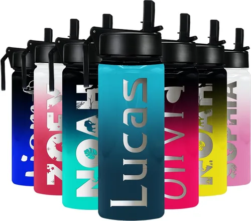 Miniatura 15 de Botella de agua personalizada para niños con tapa de popote en azul aguamarina degradado para la escuela, nombre personalizado para niños, 18 onzas