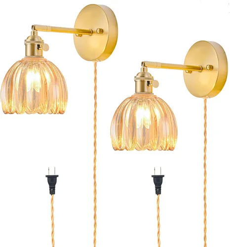 Miniatura 39 de Juego de 2 apliques de pared enchufables, apliques de pared vintage con pantalla de cristal transparente de tulipán, aplique de pared