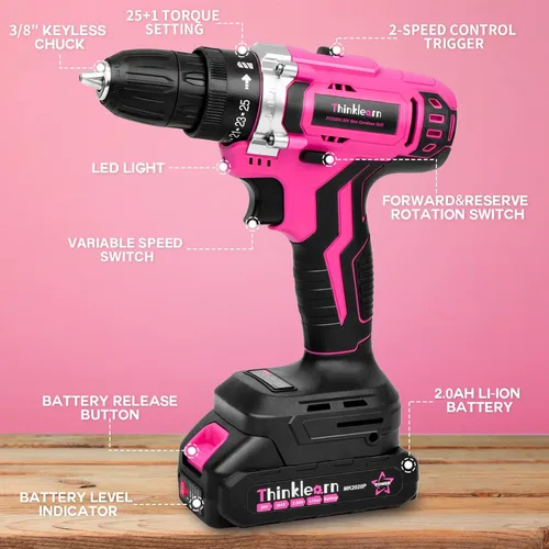 Miniatura 2 de Juego de taladro inalámbrico rosa, juego de taladro eléctrico de iones de litio de 20 V para mujer con 67 puntas de destornillador, portabrocas sin