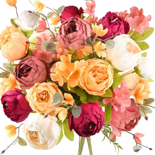 FiveSeasonStuff - Peonías y hortensias artificiales de seda, ideal para decoración de bodas, novias, hogar, decoración de centro de mesa (2 ramos).