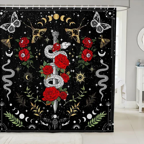 Castle Fairy Cortinas de ducha exóticas de serpiente salvaje, cortina de baño bohemia con sol y luna, juego de decoración de baño romántica rosa con