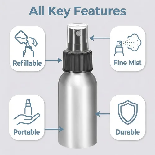 Miniatura 3 de 3 botellas de agua de aluminio, botella de spray de niebla fina con pulverizador de bomba negra, recipientes de atomizador de muestra vacía