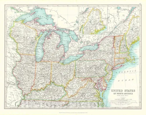 Mapa histórico - Estados Unidos de América del Norte de 1880. Hoja del noreste - Arte de pared vintage - 55 x 44 pulgadas