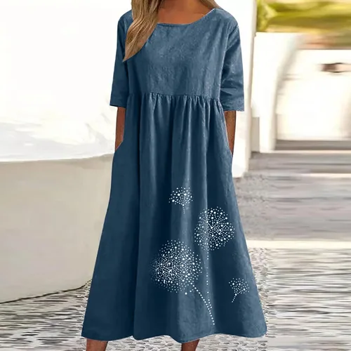Miniatura 2 de Ceboyel Vestido largo de algodón y lino para mujer, estampado de diente de león, vestidos de manga corta, estilo bohemio, casual, vestido de verano