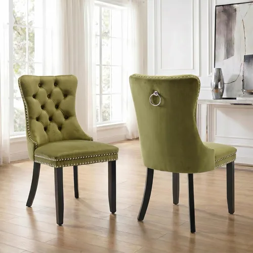 Miniatura 35 de Velvet Dining Chairs Set of 2, Tufted High Chairs with Nailhead Trim, Pull Ring, Black Solid Wood Legs, Elegant Upholstered Accent Chairs for Dining