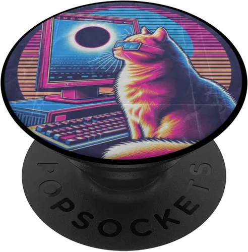 Miniatura 6 de Eclipse solar de gato - Synthwave Retro Poster Style PopSockets MagSafe PopGrip para iPhone