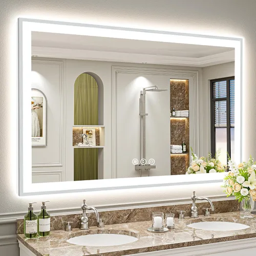 Miniatura 10 de 24x30 Espejo de baño LED con marco negro con luces, retroiluminado + iluminación frontal, espejo de tocador iluminado antivaho para pared de baño