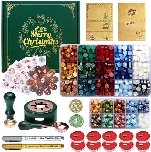 Kit de Sellado de Cera Navideño Comealltime con Sello de Nieve, Juego de Principiantes de 25 Colores de Perlas de Sellado con Calentador, Adhesivos