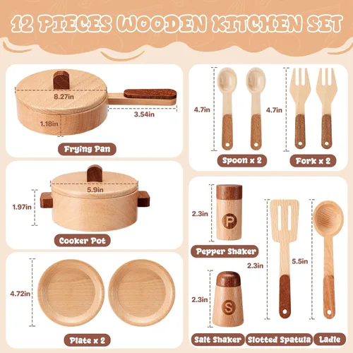 Miniatura 5 de WHOHOLL Juego de cocina de madera con platos y platos, juguetes de cocina para niños de 3, 4, 5, 6, accesorios de cocina Montessori, incluyendo