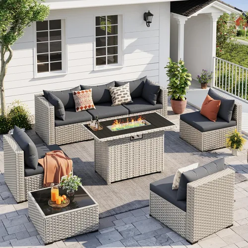 Miniatura 14 de UDPATIO Juego de muebles de patio al aire libre, sofá modular de 7 piezas con mesa de té, juego de conversación al aire libre de mimbre PE para Azul