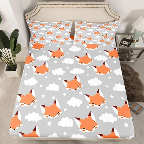 Miniatura 7 de Erosebridal Juego de ropa de cama de zorro para niños, sábana bajera ajustable de zorro de dibujos animados para niños y niñas, decoración