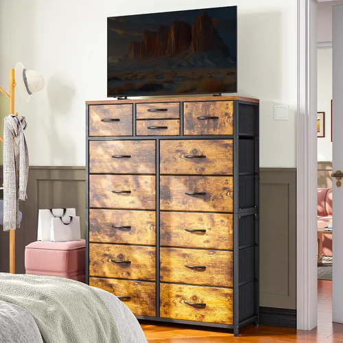 Miniatura 7 de EnHomee Cómodas altas para dormitorio con cajón, cómodas para dormitorio, cómodas de tela y cómodas para sala de estar, parte superior de madera