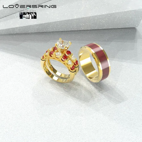 Miniatura 45 de Conjunto de dos anillos de boda para él y para ella, anillos para parejas. Anillos de compromiso para novia en acero inoxidable chapado en oro Blanco