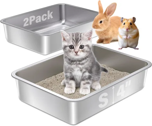 Miniatura 9 de Caja de arena de acero inoxidable con tapa, caja de arena de metal para gatitos, cajas de arena de entrada baja con pala y alfombra, caja de arena