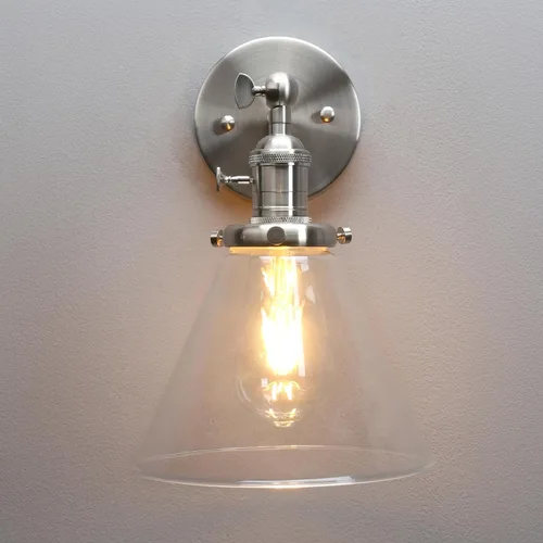 Miniatura 8 de 1 lámpara de pared vintage nostálgica con embudo de vidrio acampanado, pantalla de vidrio transparente, bombilla de filamento Edison incluida