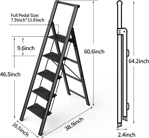 Miniatura 6 de E-riding Escalera de 5 peldaños, taburete plegable, escalera portátil plegable de hierro negro para techo de 10 pies de altura con pedal ancho