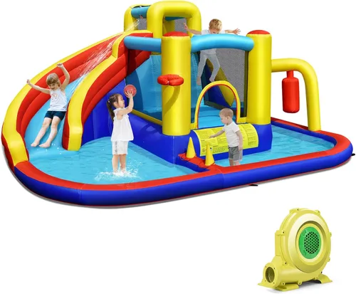 HONEY JOY Tobogán acuático inflable, parque acuático inflable gigante 7 en 1 con piscina de salpicaduras, soplador de 735 W, casa de rebote de agua