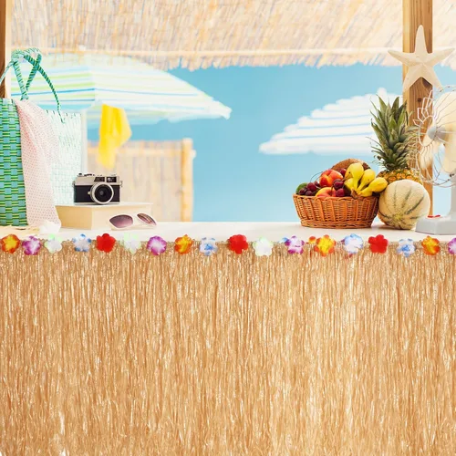 Miniatura 4 de Juexica Paquete de 8 faldas de mesa de hierba Luau de 9 x 30 pulgadas, falda de mesa hawaiana de flores de hibisco sintético, decoraciones de fiesta