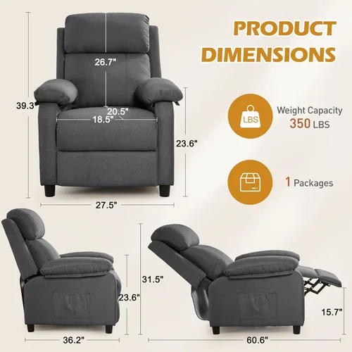 Miniatura 2 de Korser Silla reclinable, sillas de sala de estar para adultos, silla de lectura acolchada para asiento profundo con bolsillos laterales, reclinables