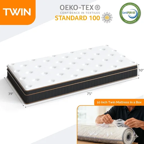 Miniatura 2 de VINGLI Colchón individual de 10 pulgadas para niños de espuma viscoelástica híbrida en una caja, resortes interiores de bolsillo enrollados