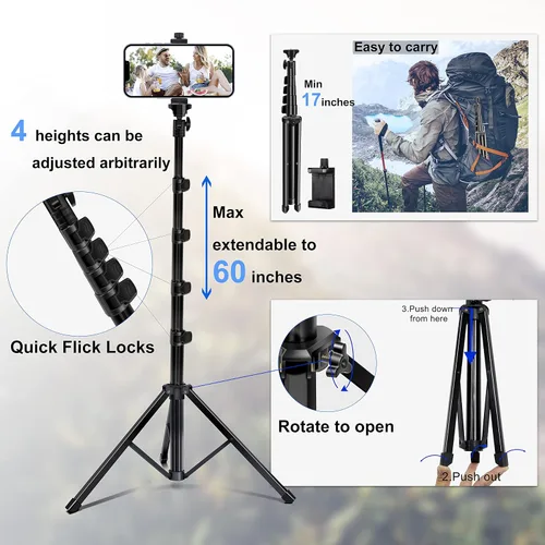 Miniatura 4 de Soporte de trípode para teléfono Selfie Stick de 60 pulgadas, accesorios de cámara profesional con registro remoto inalámbrico compatible con iPhone