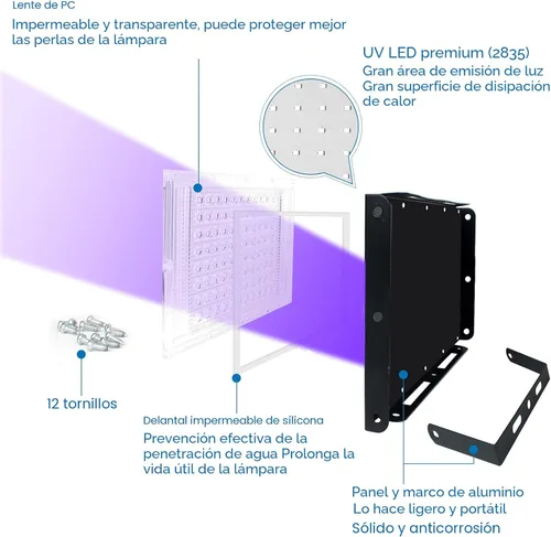 Miniatura 2 de Paquete de 2 luces negras UV de 100 W, IP65 impermeable, luz de fiesta brillante, iluminación de escenario, Halloween, pintura corporal, póster