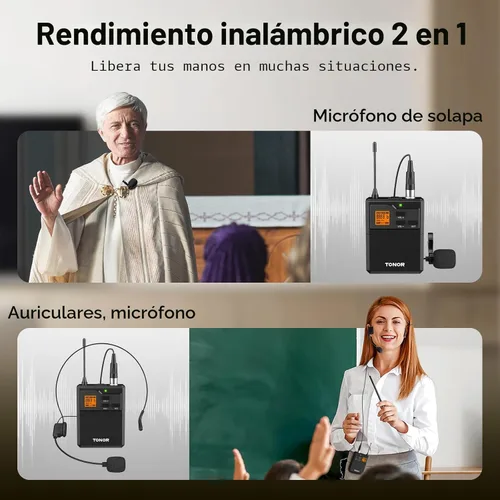 Miniatura 4 de TONOR Sistema de micrófono inalámbrico UHF con micrófono de auriculares/micrófono de solapa Lavalier, transmisor Bodypack, receptor recargable, 15