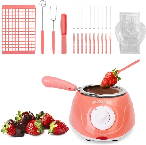 Juego de fondue de fusión de 8.45 onzas, mini olla eléctrica de chocolate, fuente de fondue de chocolate, máquina calentadora para chocolate con Rosa