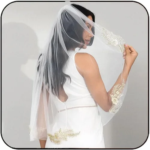 Latious Apliques de encaje, velos de novia de 1 nivel, velo floral de novia con punta de los dedos, velos de tul con peine para novias y mujeres