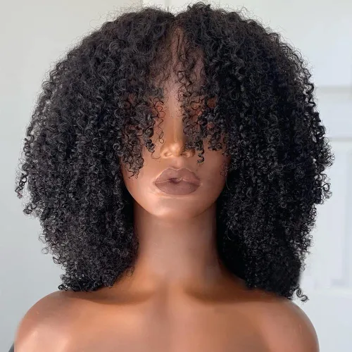 Miniatura 2 de Peluca de cabello humano rizado afro con flequillo, hecha a máquina, peluca superior del cuero cabelludo, sin pegamento, virgen, brasileño, afro