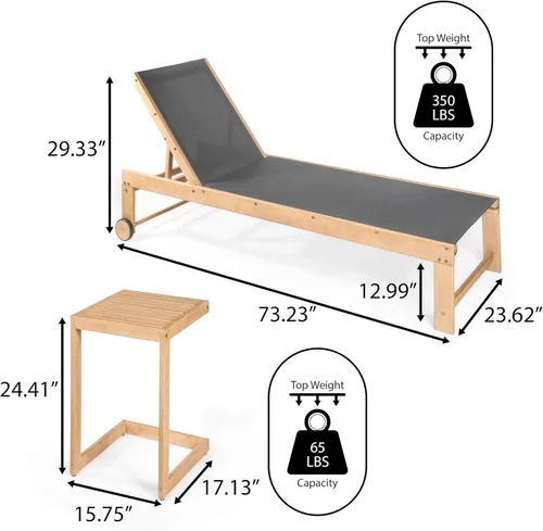 Miniatura 4 de JONATHAN Y Trabuco LNG1100B-2SET - Juego de salón de 2 piezas de madera de acacia para exteriores con silla tumbona ajustable, ruedas y mesa