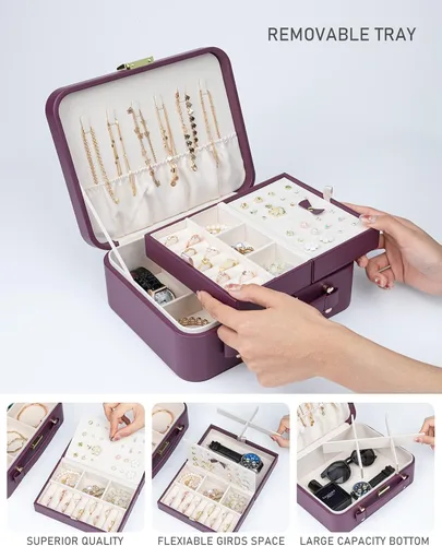 Miniatura 3 de V-LAFUY Joyero con bandeja extraíble, joyero para mujeres y niñas, 2 capas portátil, organizador de joyas, estuche de almacenamiento con estuche