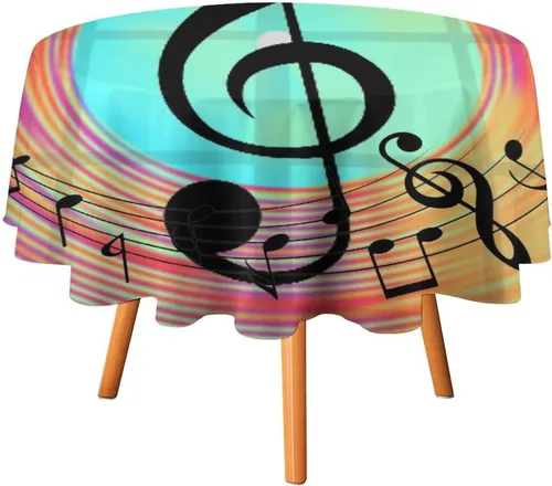 Miniatura 11 de Mantel redondo de cocina con notas musicales retro, estilo rústico y occidental, con estampado de teclas de piano y teclas, mantel redondo