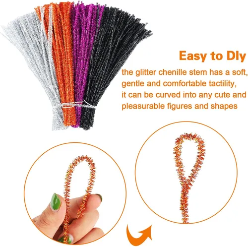 Miniatura 2 de 400 piezas de limpiapipas para Halloween, tallos de felpilla con purpurina, tallos de felpilla para arte creativo, decoración de Halloween, Acción