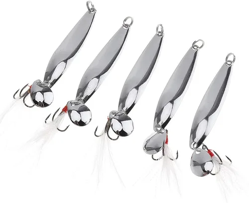 Miniatura 5 de Kit de pesca de señuelos de cucharas de 5 piezas, cebos giratorios de metal con ganchos agudos para lubina salmón
