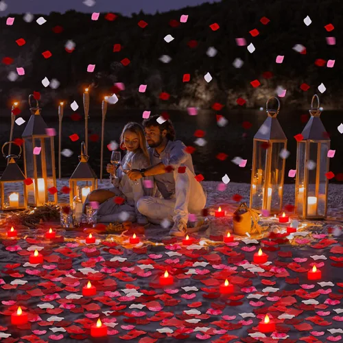 Miniatura 3 de VIHOSE 4000 pétalos de rosa artificiales con 24 velas LED de té, velas LED sin llama, pétalos de rosa falsos para bodas, fiestas de cumpleaños