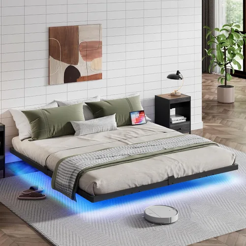 Miniatura 11 de WLIVE Base de cama flotante tamaño Queen, plataforma de metal resistente de 1500 libras con luz LED y estación de carga, no necesita somier, fácil