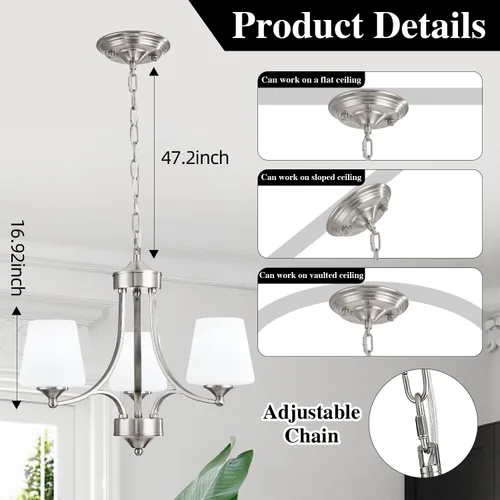 Miniatura 8 de Lámpara de comedor de níquel cepillado, moderna lámpara plateada con vidrio esmerilado, 3 luces de metal para isla de cocina, lámparas colgantes E26