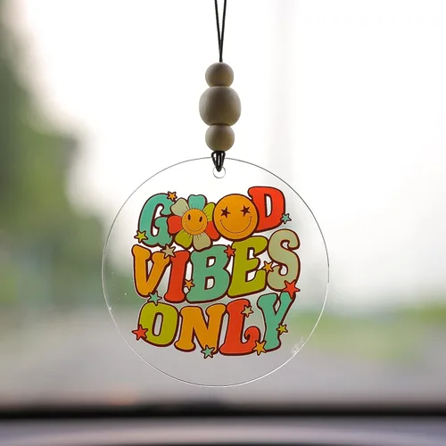 Miniatura 5 de Talataca Good Vibes Only - Adorno plano 2D para automóvil y cuentas de madera, retro vintage feliz cara sonriente con cuentas accesorios para espejo