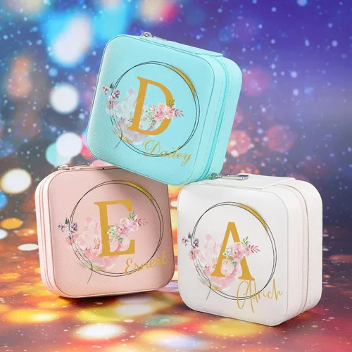 Miniatura 30 de Joyero de regalo para dama de honor, pequeño estuche de viaje personalizado de piel sintética portátil, cajas de propuestas de dama de honor, mini