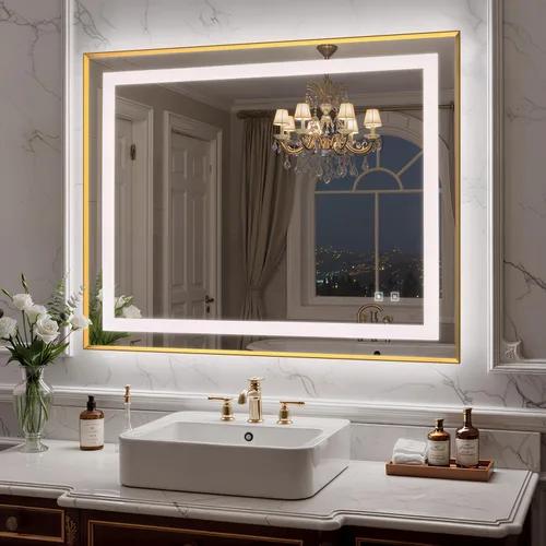 Miniatura 13 de Espejo de baño LED de 24 x 32 pulgadas con luces, espejo de tocador de baño con marco negro con luz frontal + retroiluminación para pared, vidrio