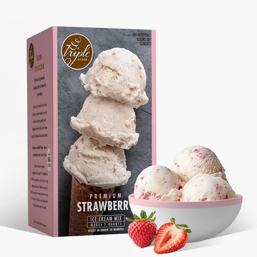 Triple Scoop - Mezcla de helado de fresa prémium para hacer helados. Simple, fácil, delicioso. De mezcla gourmet a máquina en 5 minutos, hace 2