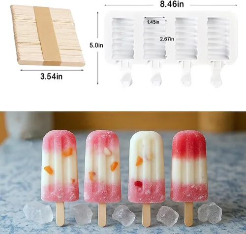 Miniatura 4 de Juego de moldes para paletas, 3 moldes de silicona para helado con 200 palos de madera, moldes de golosinas congeladas reutilizables