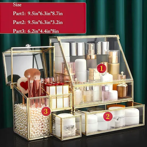Miniatura 3 de Organizador de maquillaje de vidrio grande con cajón, juego de almacenamiento de belleza, organizador de mostrador de baño, exhibición de cosméticos