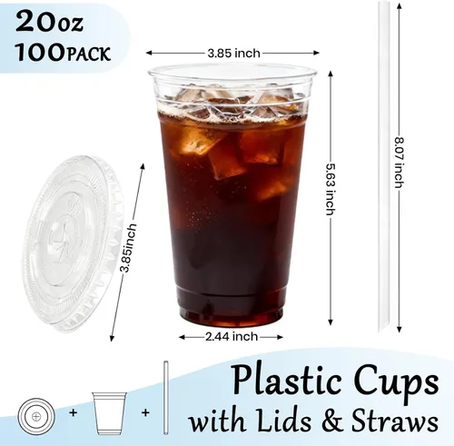 Miniatura 2 de Paquete de 100 vasos de plástico transparente de 20 onzas con tapas y pajitas, tazas desechables para café helado con tapas, batido de leche