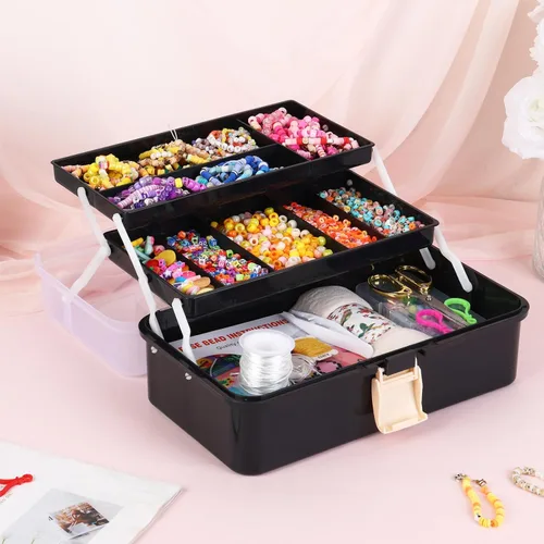 Miniatura 6 de Organizador de manualidades, caja de aparejos plegable portátil de 3 capas, caja de herramientas de plástico con asa para suministros de costura