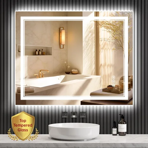 Miniatura 14 de Espejo de baño LED sin marco de 24 x 32 pulgadas, frontal y retroiluminado, vidrio templado inastillable, antivaho, 3 colores, regulable, memoria
