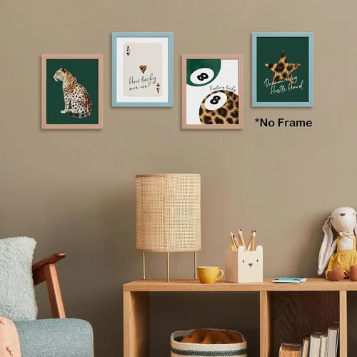 Miniatura 5 de TLESKE Carteles de guepardo y leopardo preppy verde esmeralda Impresiones sin marco 8x10 Juego de 4, decoraciones de pared con bolas de la suerte 8