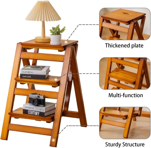 Miniatura 3 de Latifolia Escalera plegable de 3 escalones, taburete de madera con protector de suelo, estante decorativo para sala de estar, cocina, jardín (nogal)